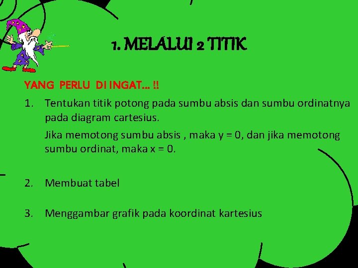 1. MELALUI 2 TITIK YANG PERLU DI INGAT… !! 1. Tentukan titik potong pada