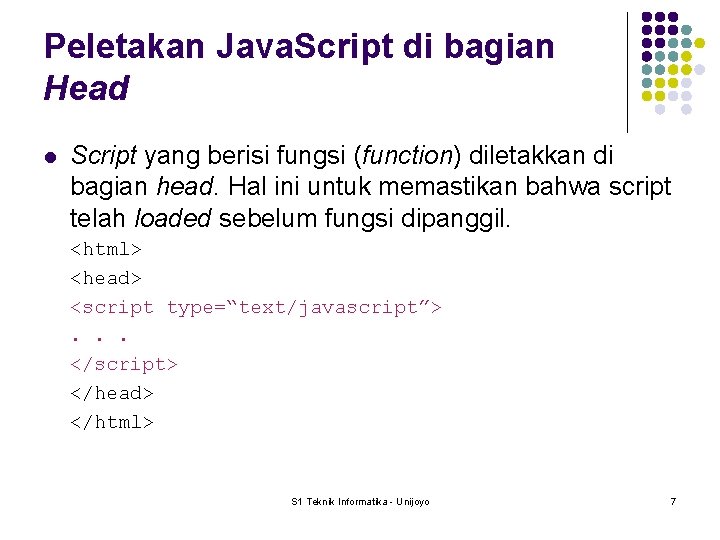 Peletakan Java. Script di bagian Head l Script yang berisi fungsi (function) diletakkan di