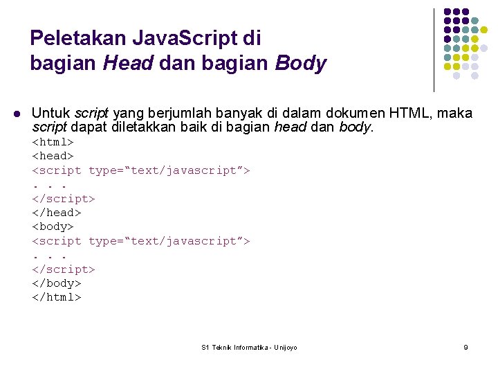 Peletakan Java. Script di bagian Head dan bagian Body l Untuk script yang berjumlah