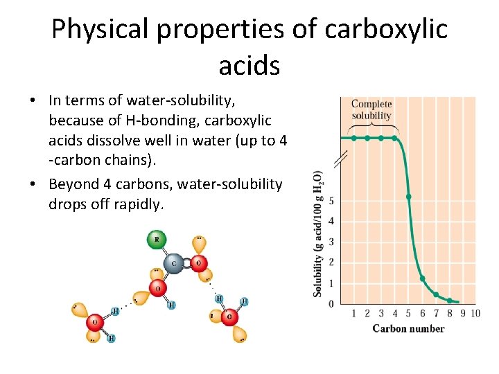 Physical properties of carboxylic acids • In terms of water-solubility, because of H-bonding, carboxylic