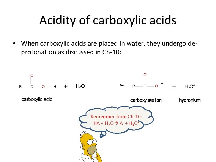 Acidity of carboxylic acids • When carboxylic acids are placed in water, they undergo