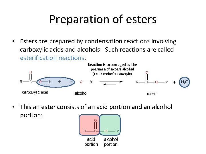 Preparation of esters • Esters are prepared by condensation reactions involving carboxylic acids and