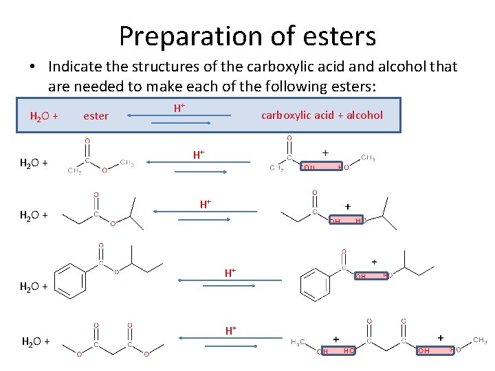 Preparation of esters • Indicate the structures of the carboxylic acid and alcohol that