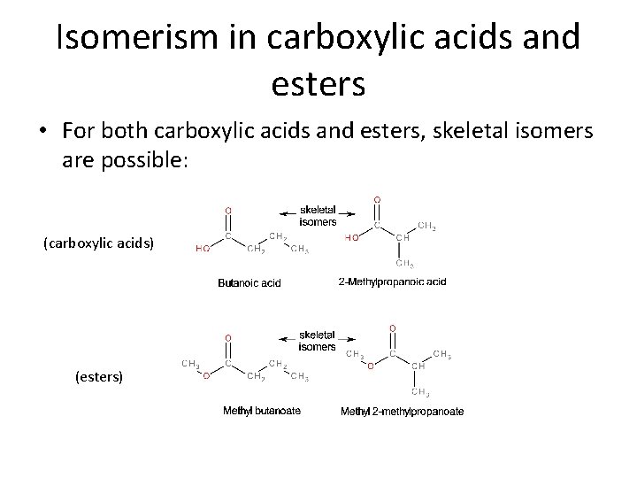 Isomerism in carboxylic acids and esters • For both carboxylic acids and esters, skeletal