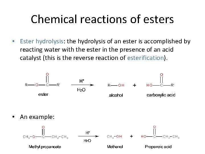 Chemical reactions of esters • Ester hydrolysis: the hydrolysis of an ester is accomplished
