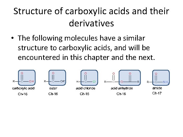 Structure of carboxylic acids and their derivatives • The following molecules have a similar