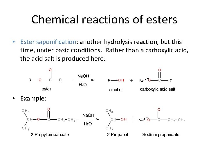 Chemical reactions of esters • Ester saponification: another hydrolysis reaction, but this time, under