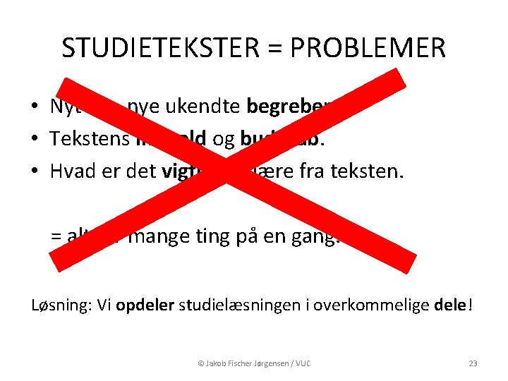 STUDIETEKSTER = PROBLEMER • Nyt fag, nye ukendte begreber. • Tekstens indhold og budskab.