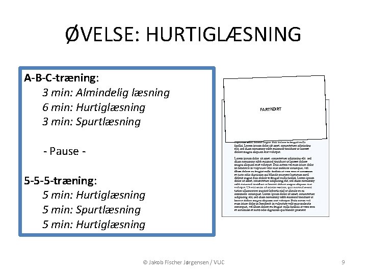 ØVELSE: HURTIGLÆSNING A-B-C-træning: 3 min: Almindelig læsning 6 min: Hurtiglæsning 3 min: Spurtlæsning FARTKORT