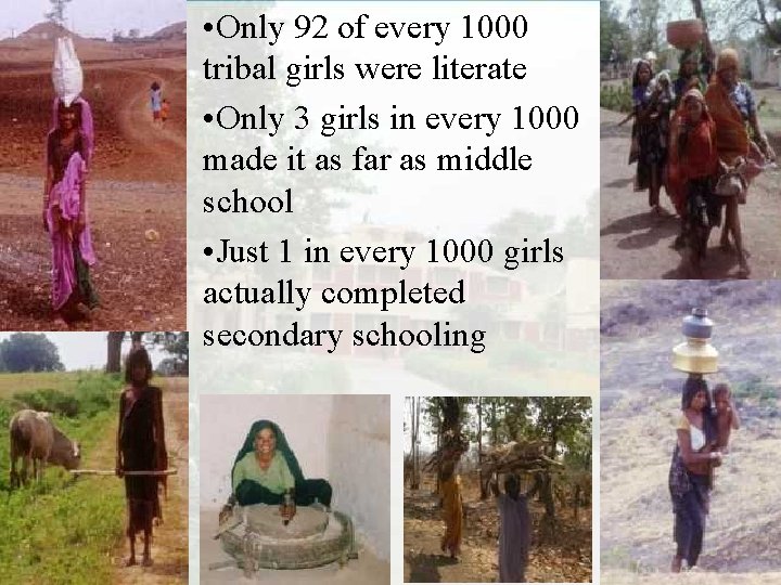  • Only 92 of every 1000 tribal girls were literate • Only 3