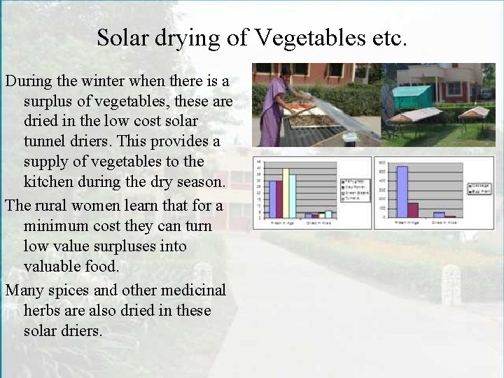 Solar drying of Vegetables etc. During the winter when there is a surplus of