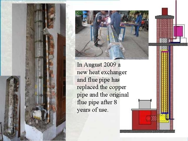 In August 2009 a new heat exchanger and flue pipe has replaced the copper