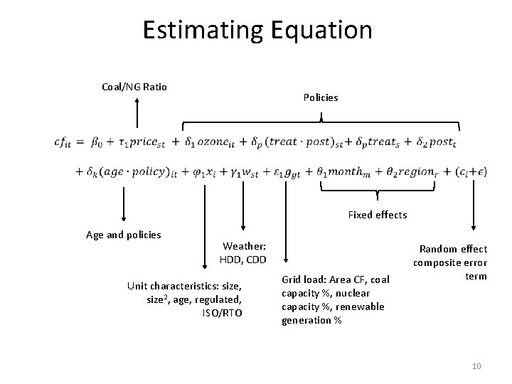 Estimating Equation Coal/NG Ratio Policies Fixed effects Age and policies Weather: HDD, CDD Unit