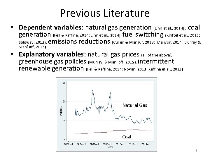 Previous Literature • Dependent variables: natural gas generation (Linn et al. , 2014), coal
