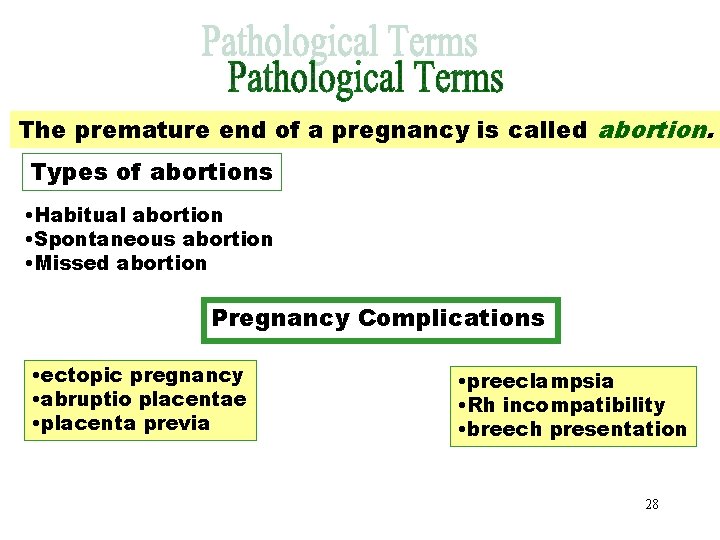 Pathological Terms The premature end of a pregnancy is called abortion. Types of abortions