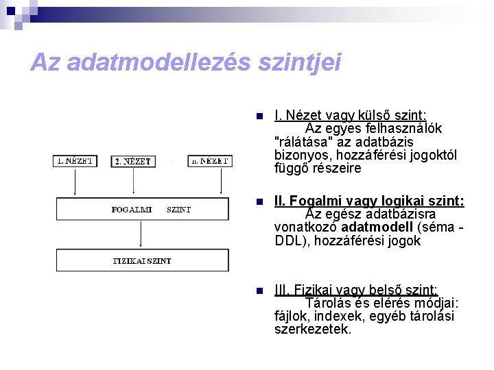 Az adatmodellezés szintjei n I. Nézet vagy külső szint: Az egyes felhasználók "rálátása" az