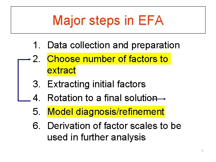 Major steps in EFA 1. Data collection and preparation 2. Choose number of factors