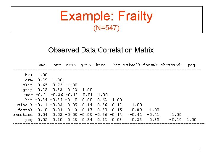 Example: Frailty (N=547) Observed Data Correlation Matrix bmi arm skin grip knee hip uslwalk