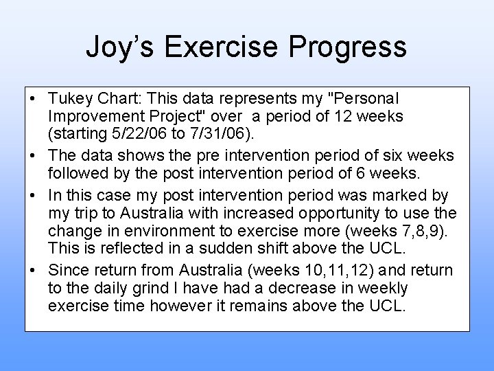 Joy’s Exercise Progress • Tukey Chart: This data represents my "Personal Improvement Project" over