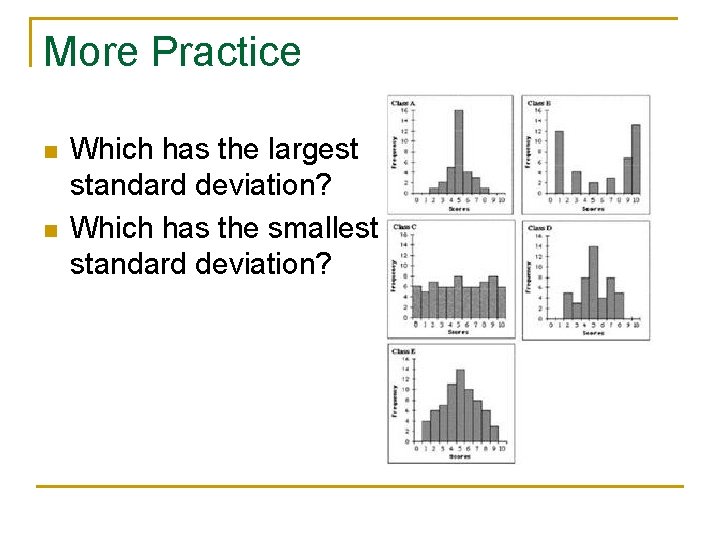 More Practice n n Which has the largest standard deviation? Which has the smallest