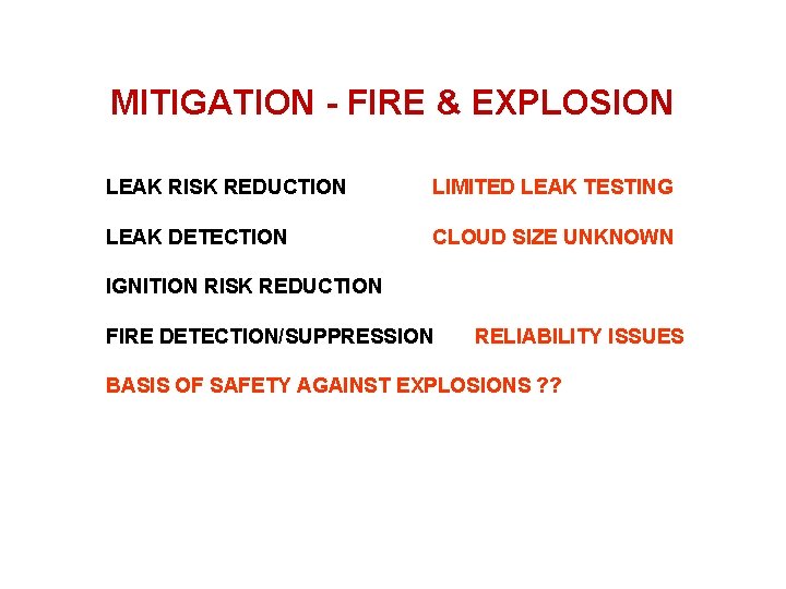 MITIGATION - FIRE & EXPLOSION LEAK RISK REDUCTION LIMITED LEAK TESTING LEAK DETECTION CLOUD