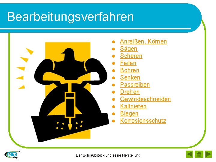 Bearbeitungsverfahren l l l Anreißen, Körnen Sägen Scheren Feilen Bohren Senken Passreiben Drehen Gewindeschneiden