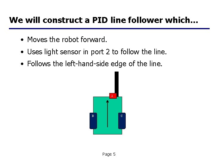 We will construct a PID line follower which… • Moves the robot forward. •