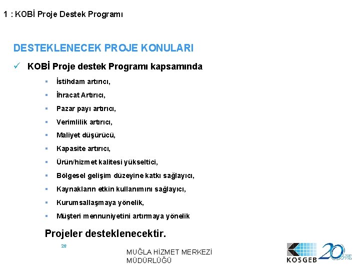 1 : KOBİ Proje Destek Programı DESTEKLENECEK PROJE KONULARI ü KOBİ Proje destek Programı
