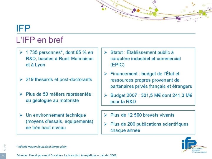 © IFP 2 Direction Développement Durable – La transition énergétique – Janvier 2008 