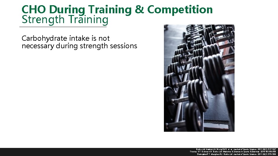 CHO During Training & Competition Strength Training Carbohydrate intake is not necessary during strength