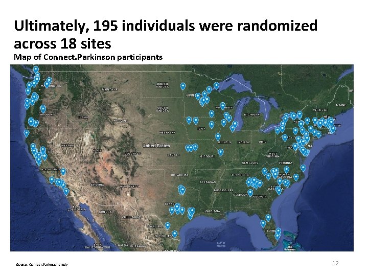 Ultimately, 195 individuals were randomized across 18 sites Map of Connect. Parkinson participants Source: