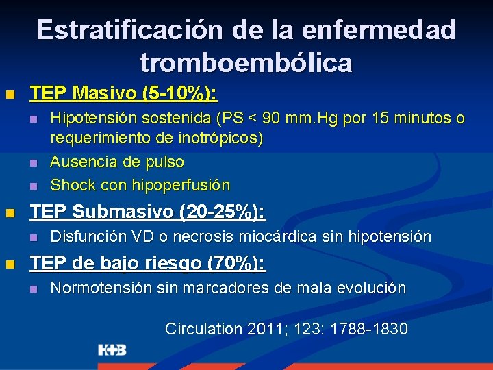 Estratificación de la enfermedad tromboembólica n TEP Masivo (5 -10%): n n TEP Submasivo