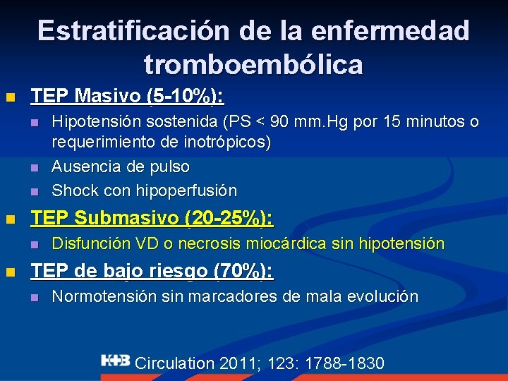 Estratificación de la enfermedad tromboembólica n TEP Masivo (5 -10%): n n TEP Submasivo
