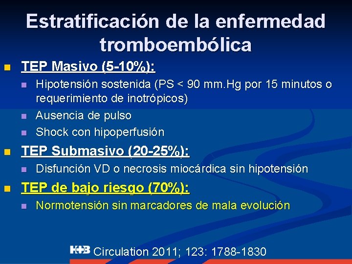 Estratificación de la enfermedad tromboembólica n TEP Masivo (5 -10%): n n TEP Submasivo