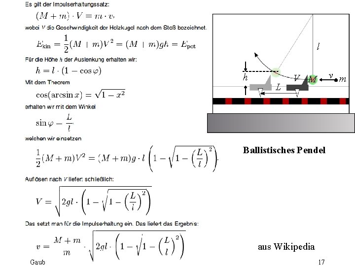 l h L v m V M Ballistisches Pendel aus Wikipedia Gaub 17 