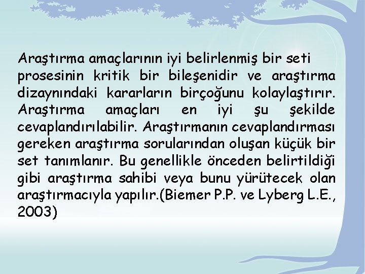 Araştırma amaçlarının iyi belirlenmiş bir seti prosesinin kritik bir bileşenidir ve araştırma dizaynındaki kararların