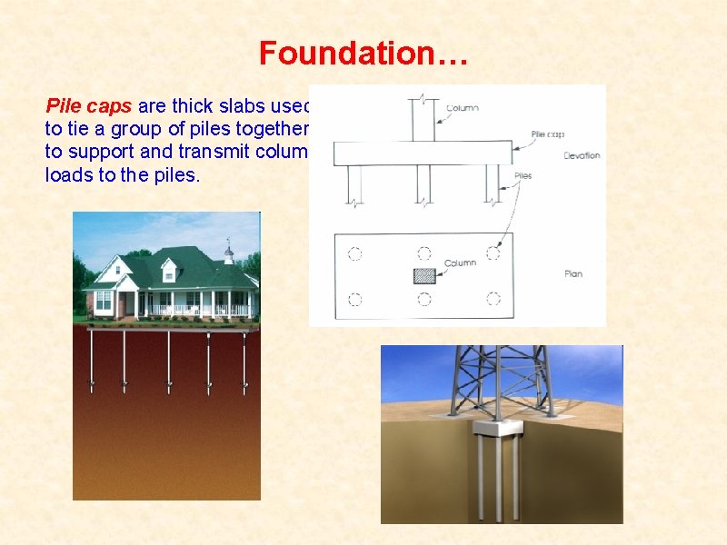Foundation… Pile caps are thick slabs used to tie a group of piles together