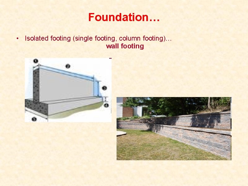 Foundation… • Isolated footing (single footing, column footing)… wall footing 