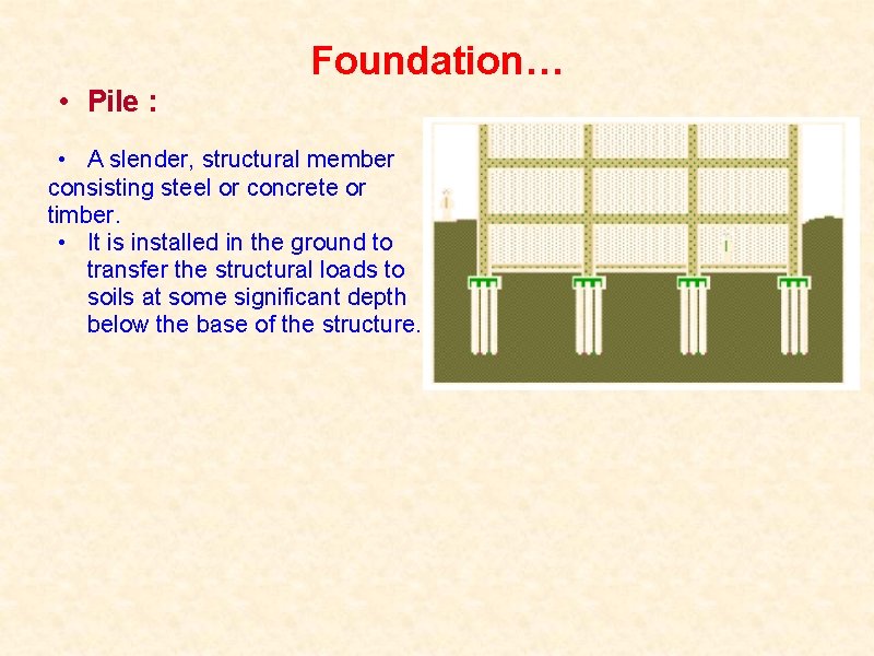 Foundation… • Pile : • A slender, structural member consisting steel or concrete or