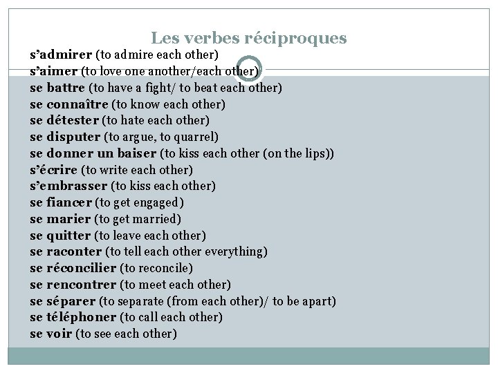Les verbes réciproques s’admirer (to admire each other) s’aimer (to love one another/each other)
