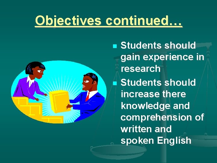 Objectives continued… Students should gain experience in research Students should increase there knowledge and