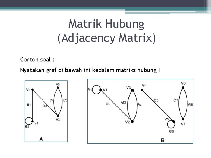 Matrik Hubung (Adjacency Matrix) Contoh soal : Nyatakan graf di bawah ini kedalam matriks