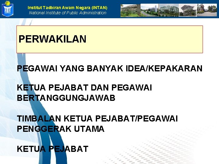 Institut Tadbiran Awam Negara (INTAN) National Institute of Public Administration PERWAKILAN PEGAWAI YANG BANYAK