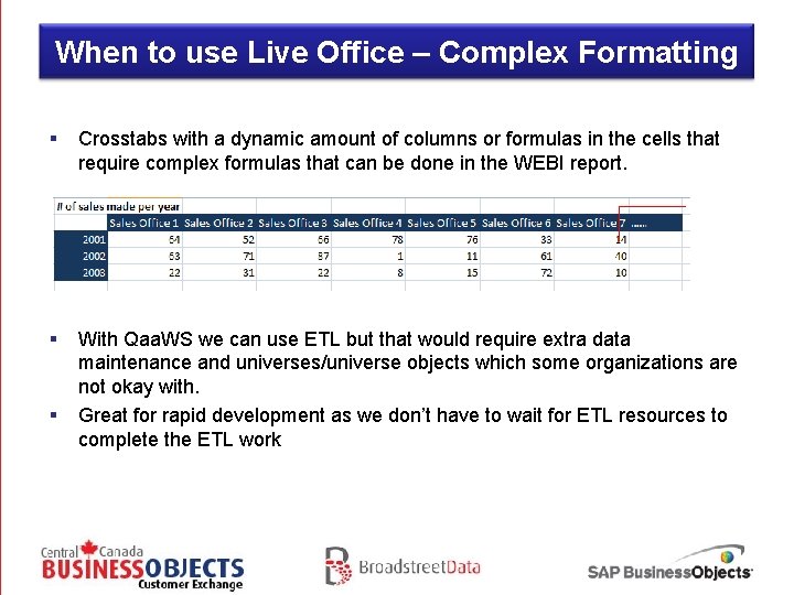 When to use Live Office – Complex Formatting § Crosstabs with a dynamic amount