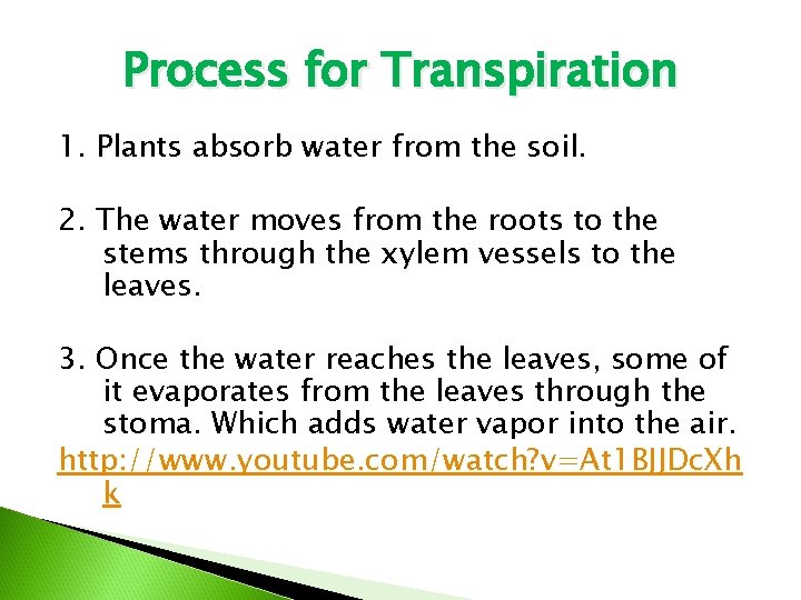 Process for Transpiration 1. Plants absorb water from the soil. 2. The water moves