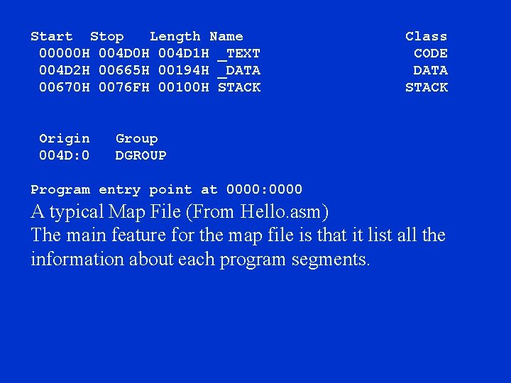 Start Stop Length Name Class 00000 H 004 D 1 H _TEXT CODE 004 Start Stop Length Name Class 00000 H 004 D 1 H _TEXT CODE 004