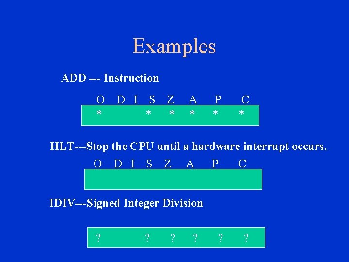 Examples ADD --- Instruction O D I S Z A P C * *