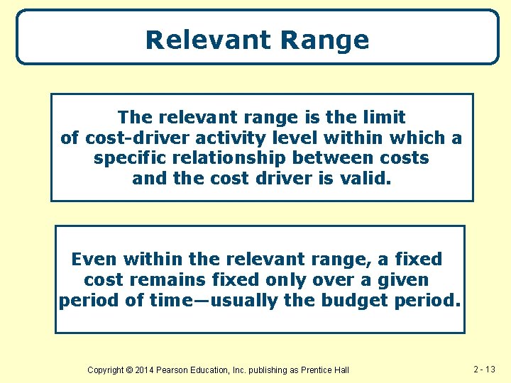 Relevant Range The relevant range is the limit of cost-driver activity level within which