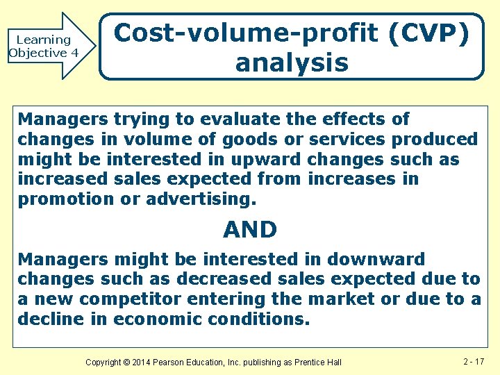 Learning Objective 4 Cost-volume-profit (CVP) analysis Managers trying to evaluate the effects of changes