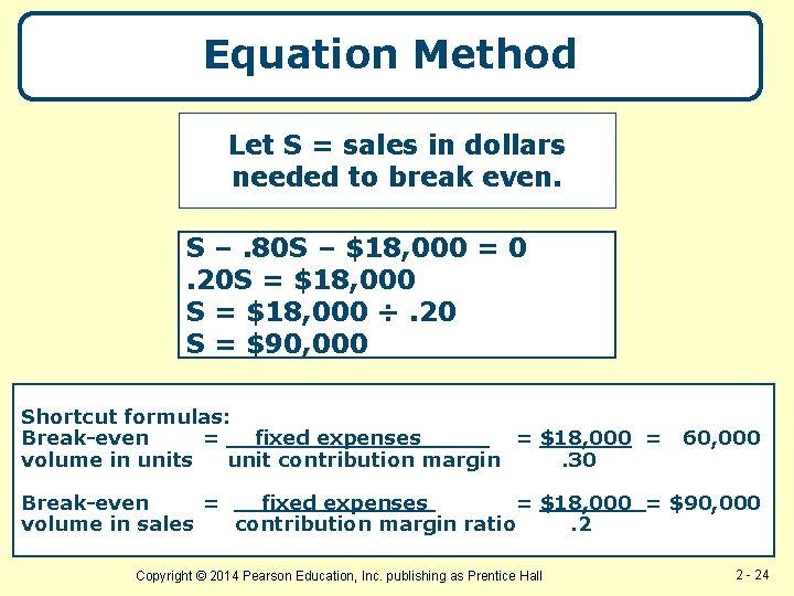 Equation Method Let S = sales in dollars needed to break even. S –.
